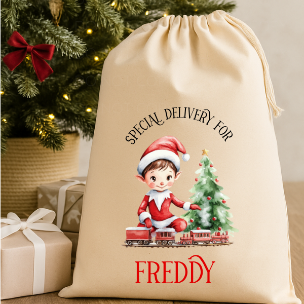 Personalised Christmas Sack Rustic Cream Elf With Train