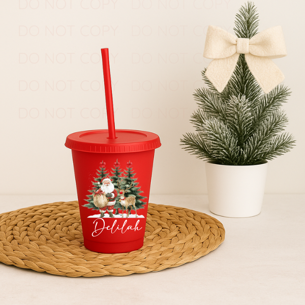 Santa with Reindeer Christmas Personalised Cold Cup