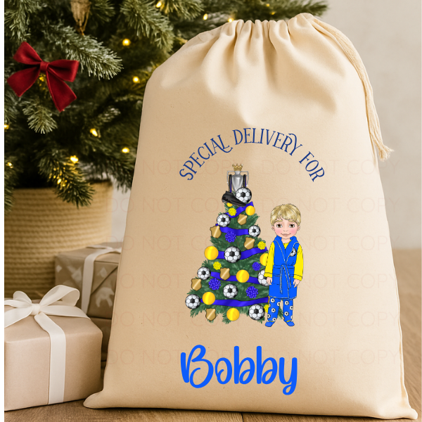 Personalised Christmas Sack Rustic Cream, Football Boy