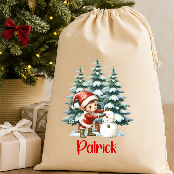 Personalised Christmas Sack Rustic Cream Elf With Snowman
