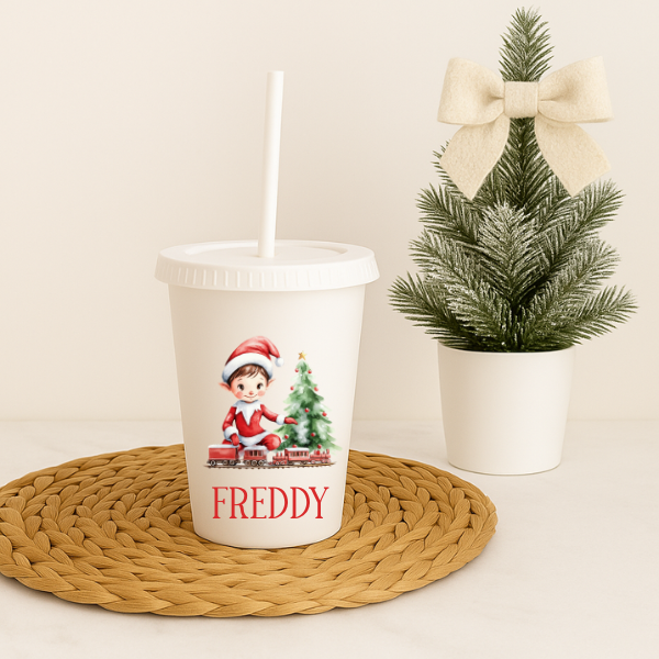 Elf With Train Christmas Personalised Cold Cup