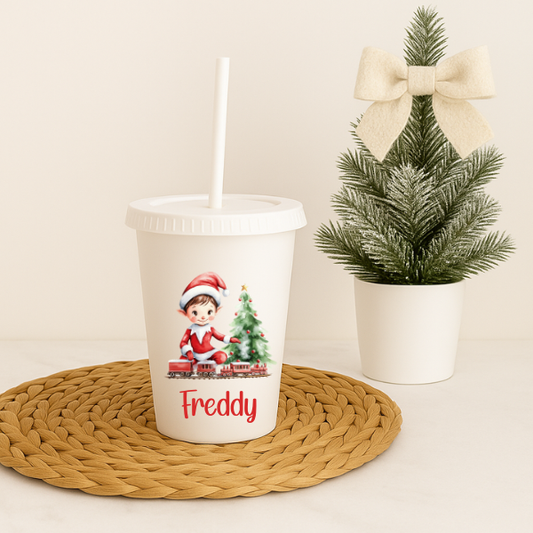Elf With Train Christmas Personalised Cold Cup