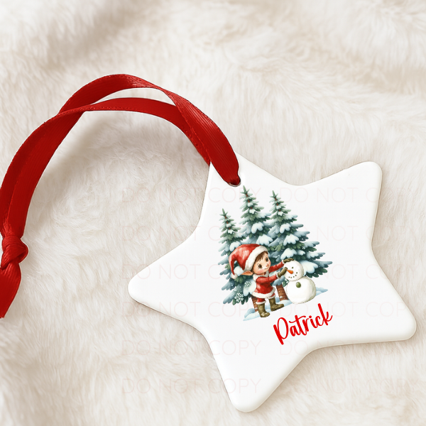 Elf With Snowman Personalised Christmas Decoration