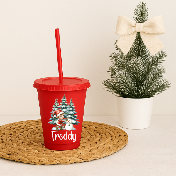 Elf With Snowman Christmas Personalised Cold Cup