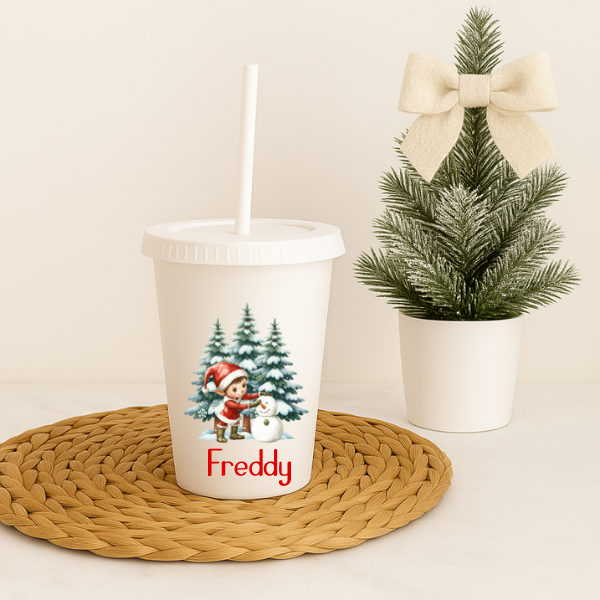Elf With Snowman Christmas Personalised Cold Cup