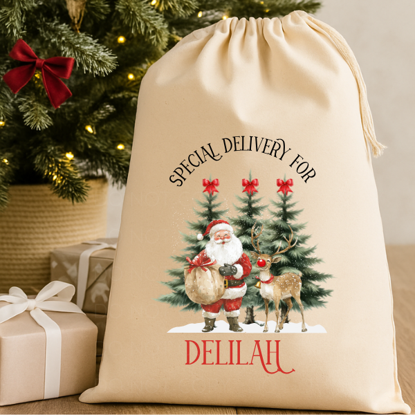 Personalised Christmas Sack Rustic Cream Santa and Reindeer