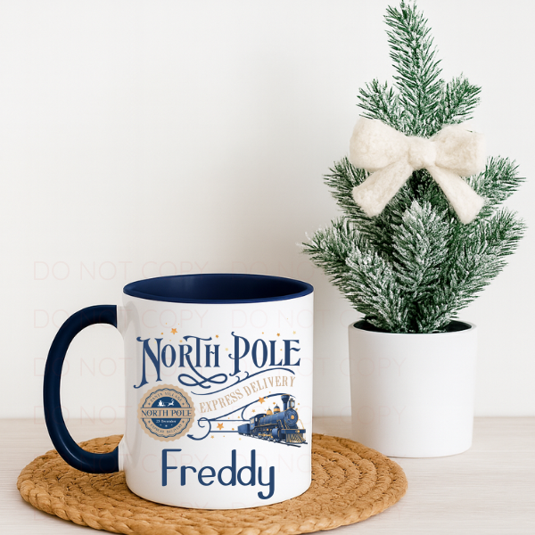 North Pole Express Christmas Personalised Blue Handled Mug