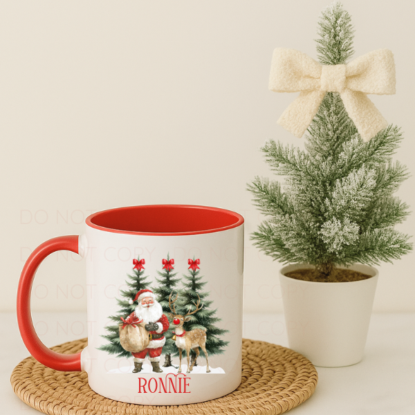 Personalised Santa & Reindeer Christmas Red Handle Mug