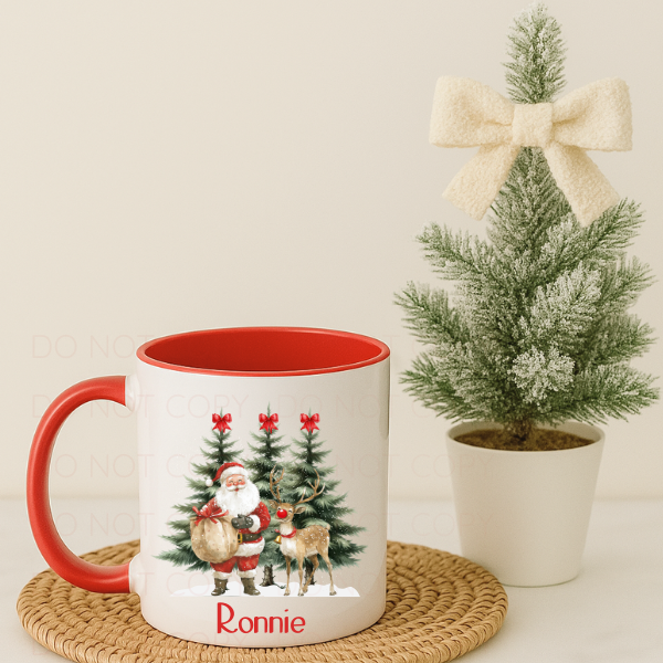 Personalised Santa & Reindeer Christmas Red Handle Mug