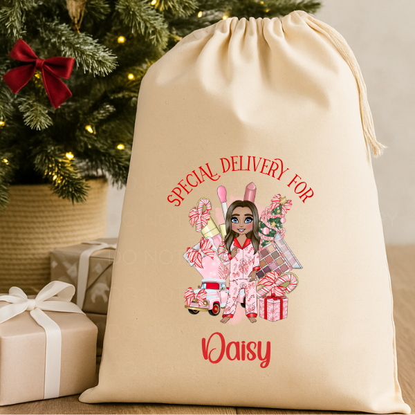 Personalised Christmas Sack Rustic Cream, Make Up Girl