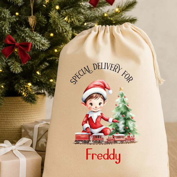 Personalised Christmas Sack Rustic Cream Elf With Train