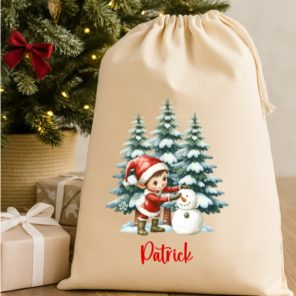Personalised Christmas Sack Rustic Cream Elf With Snowman