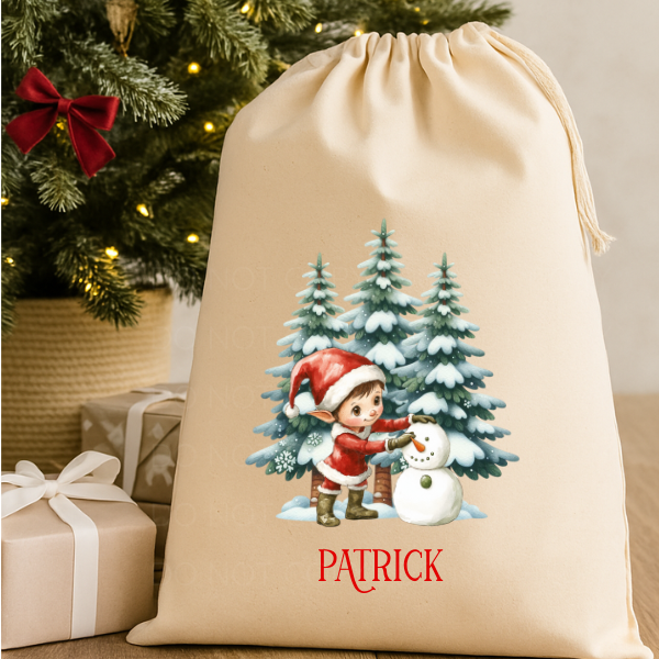 Personalised Christmas Sack Rustic Cream Elf With Snowman