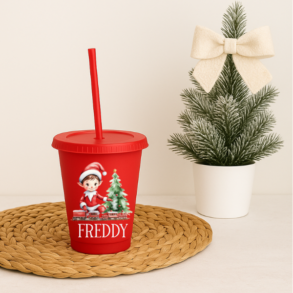 Elf With Train Christmas Personalised Cold Cup