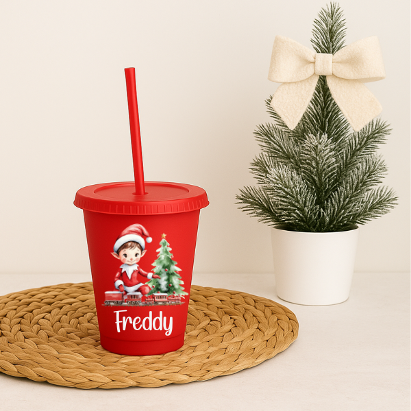 Elf With Train Christmas Personalised Cold Cup