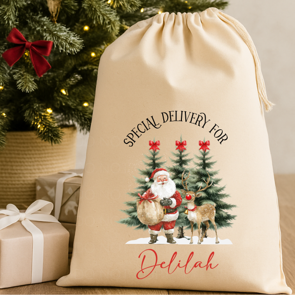 Personalised Christmas Sack Rustic Cream Santa and Reindeer