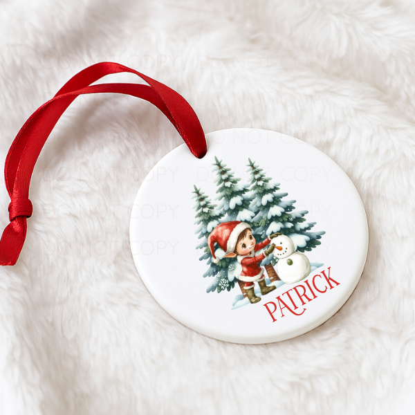 Elf With Snowman Personalised Christmas Decoration