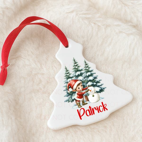 Elf With Snowman Personalised Christmas Decoration
