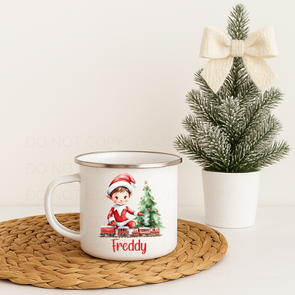 Elf With Train 12oz Enamel Mug