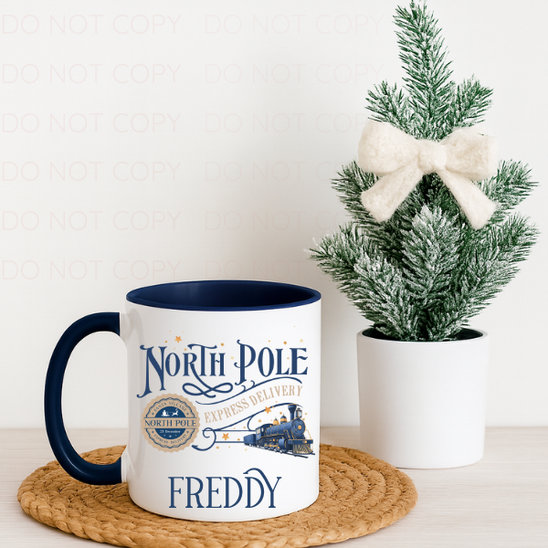 North Pole Express Christmas Personalised Blue Handled Mug
