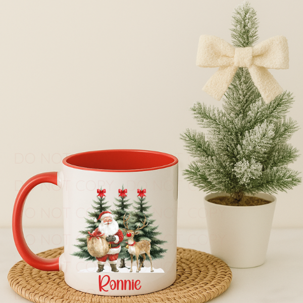 Personalised Santa & Reindeer Christmas Red Handle Mug