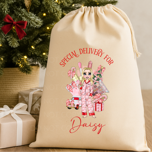 Personalised Christmas Sack Rustic Cream, Make Up Girl