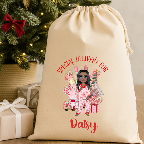 Personalised Christmas Sack Rustic Cream, Make Up Girl