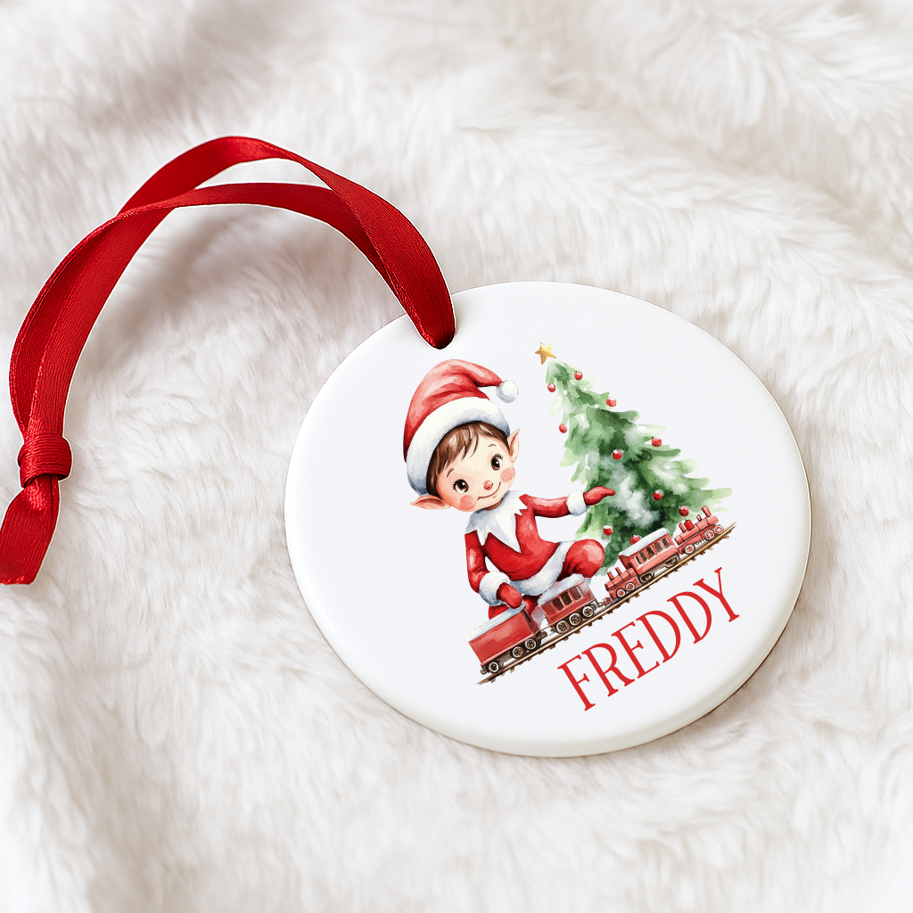 Elf With Train Personalised Christmas Decoration