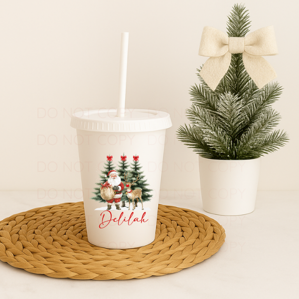 Santa with Reindeer Christmas Personalised Cold Cup