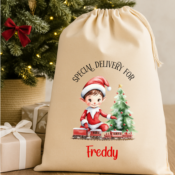Personalised Christmas Sack Rustic Cream Elf With Train