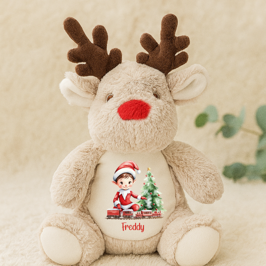 Personalised Reindeer Teddy, Elf with Train Design Custom Christmas Soft Toy Gift