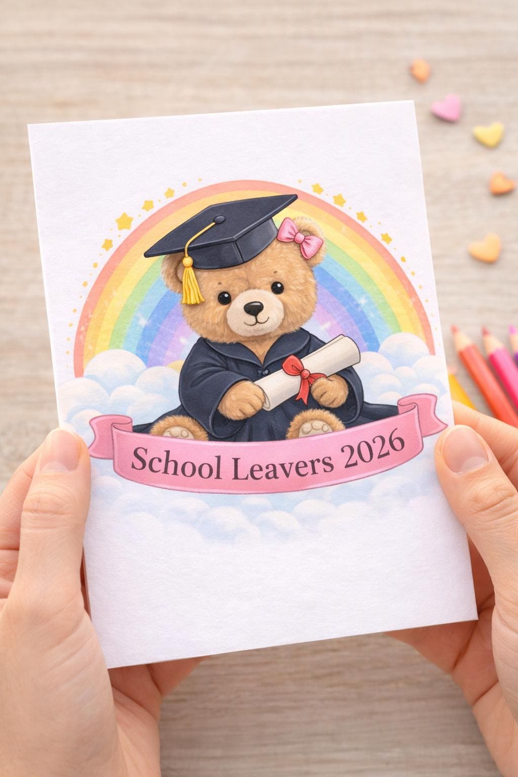 School Leavers 2026 Bear PNG | Graduation Teddy, Rainbow Design (Digital Download)