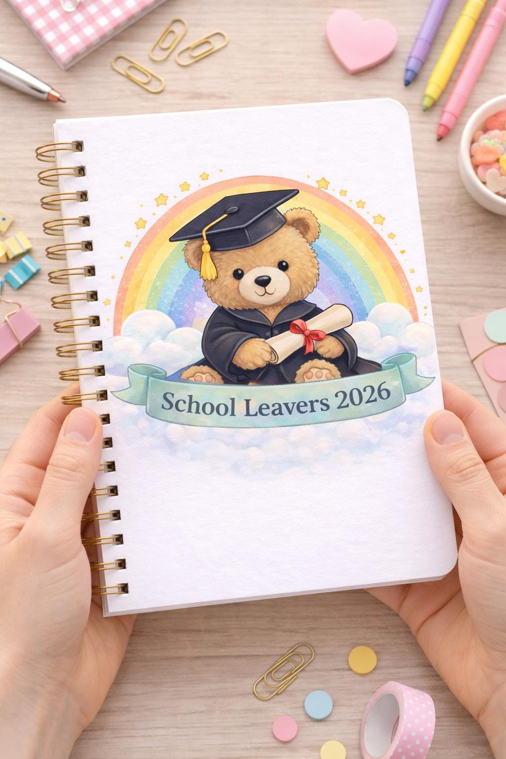 School Leavers 2026 Bear PNG | Graduation Teddy, Rainbow Design (Digital Download)