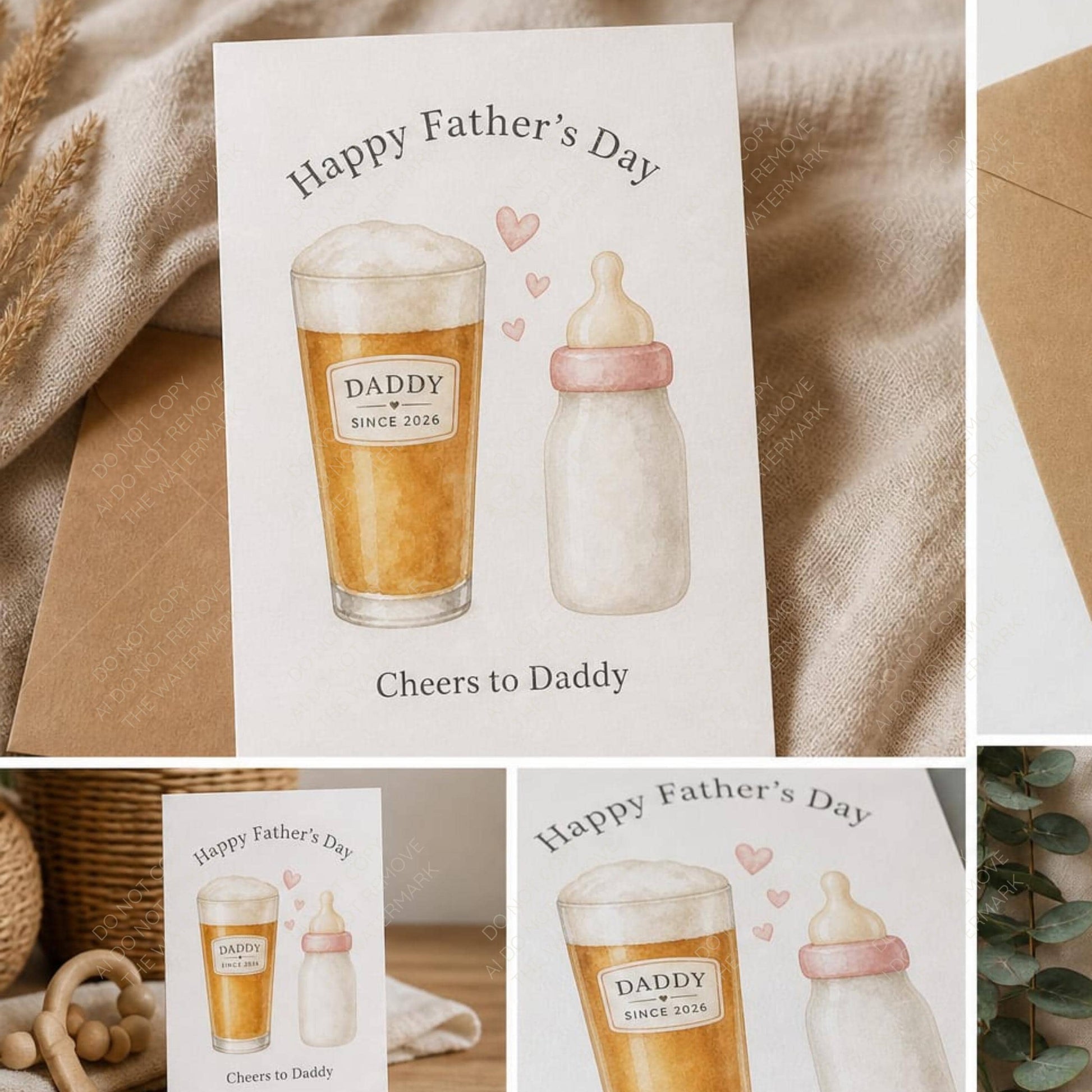Daddy Since 2026 PNG Watercolour Beer and Baby Bottle New Dad Gift Fathers Day Mug Design Digital Download