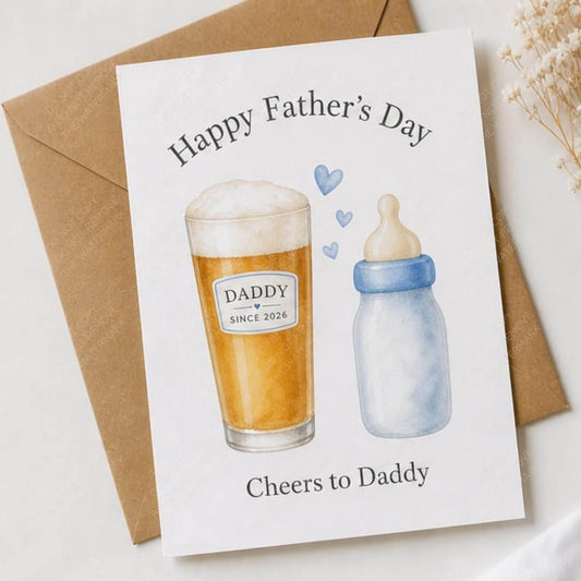 Daddy Since 2026 PNG Watercolour Beer and Baby Bottle New Dad Gift Fathers Day Mug Design Digital Download
